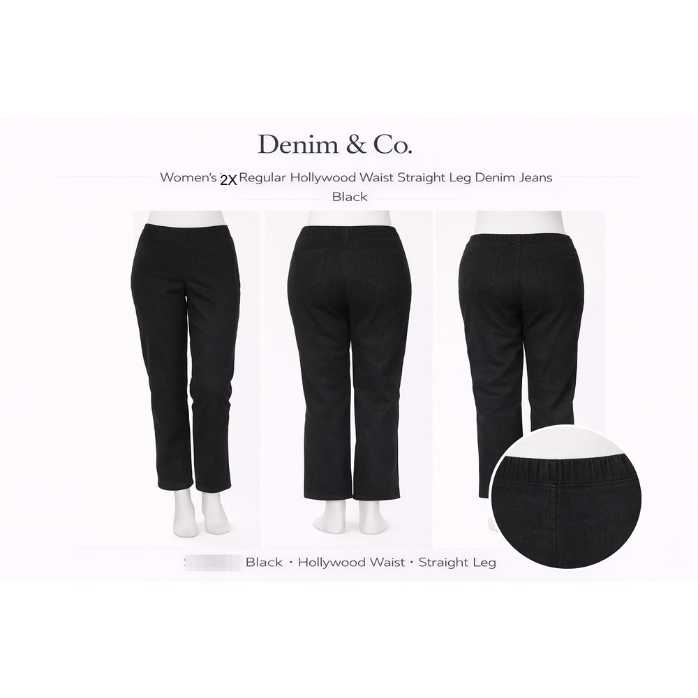 Denim & Co Womens 2X Regular Hollywood Waist Straight Leg Black‎ Jeans A210320